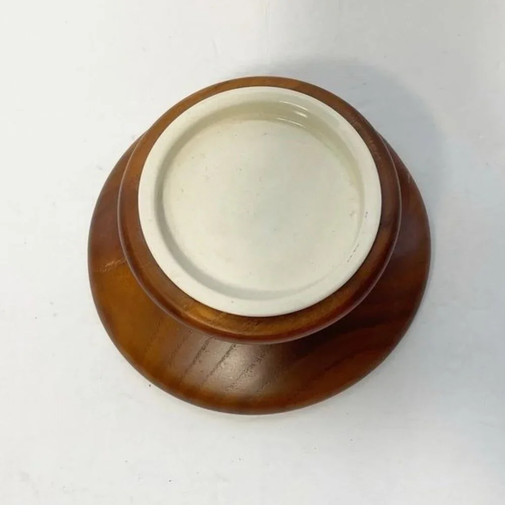 Vintage Teak Wood Pillar Candle Holder White Ceramic Insert Mid Century Modern